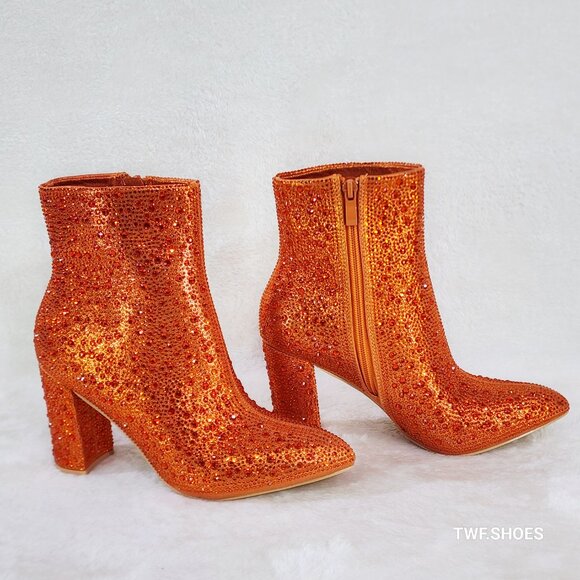 Crystel Orange Rhinestone Block Heel Ankle Boots - Picture 5 of 7